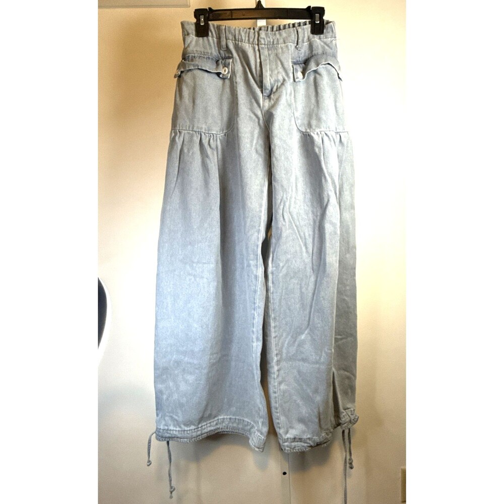 BiBi Blue Harem Jeans Light Wash Wide Leg Drawstring Hem Size Medium BOHO Indie